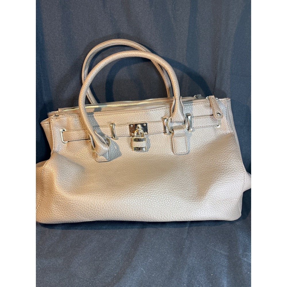 Beige Faux Leather Satchel Handbag with‎ Lock Detail